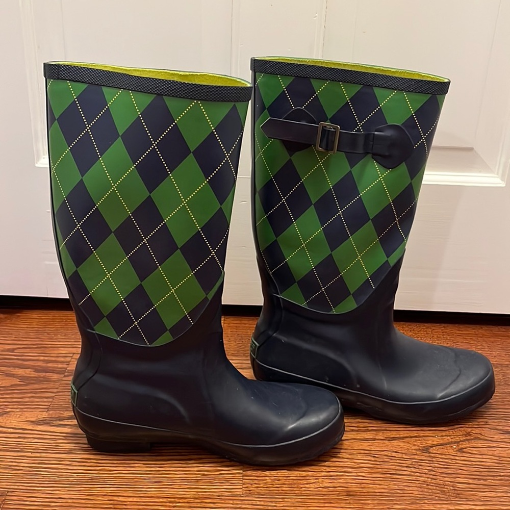 {L.L. Bean} Wellies - Green and Navy Argyle - Women’s Size 7